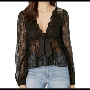Free People Black Mesh Ribbon Detail Top Size S